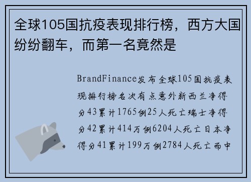 全球105国抗疫表现排行榜，西方大国纷纷翻车，而第一名竟然是