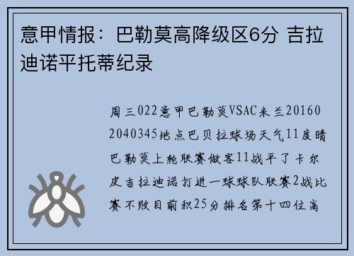 意甲情报：巴勒莫高降级区6分 吉拉迪诺平托蒂纪录