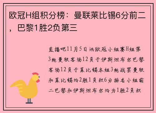 欧冠H组积分榜：曼联莱比锡6分前二，巴黎1胜2负第三